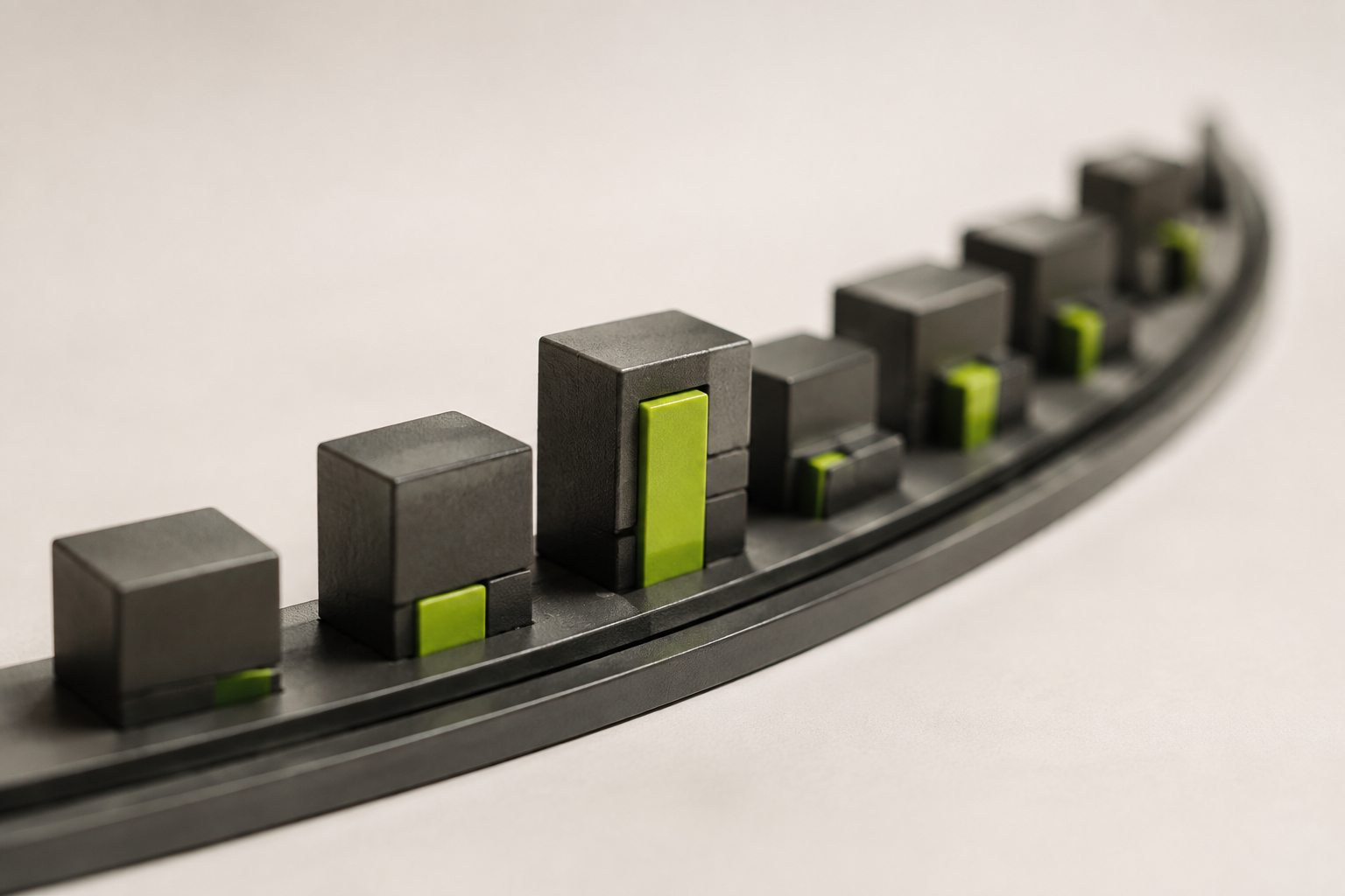 Lime allocation pieces sit along a receding track of graphite flight blocks.