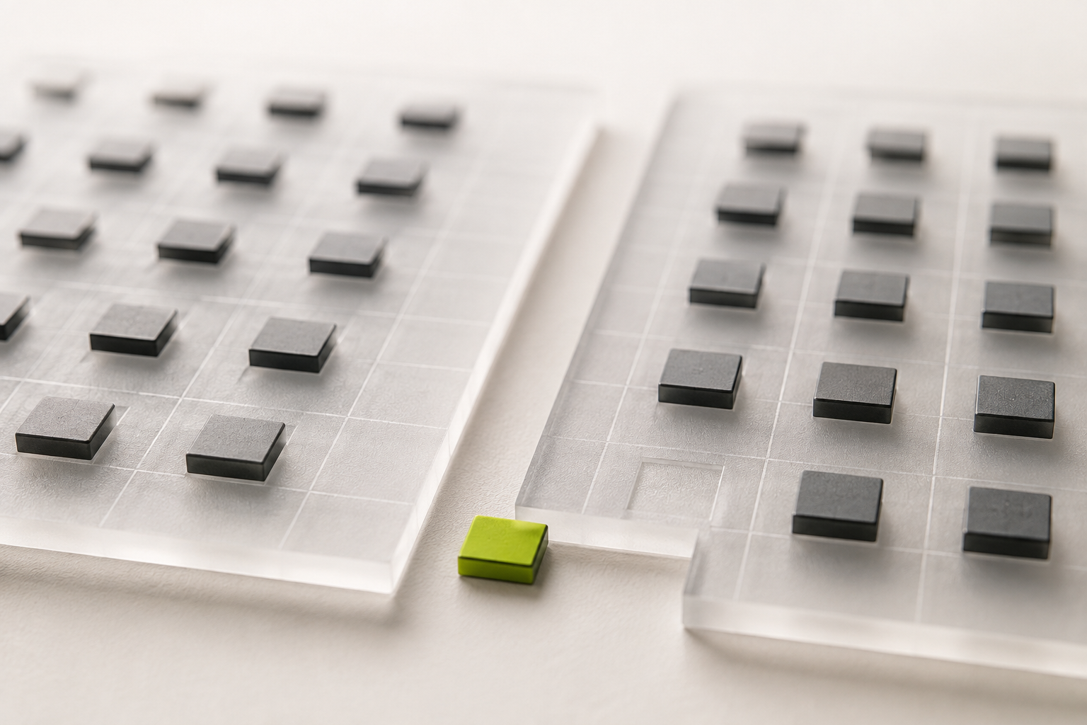 Two frosted reporting grids align, with one offset lime marker in sharp focus.