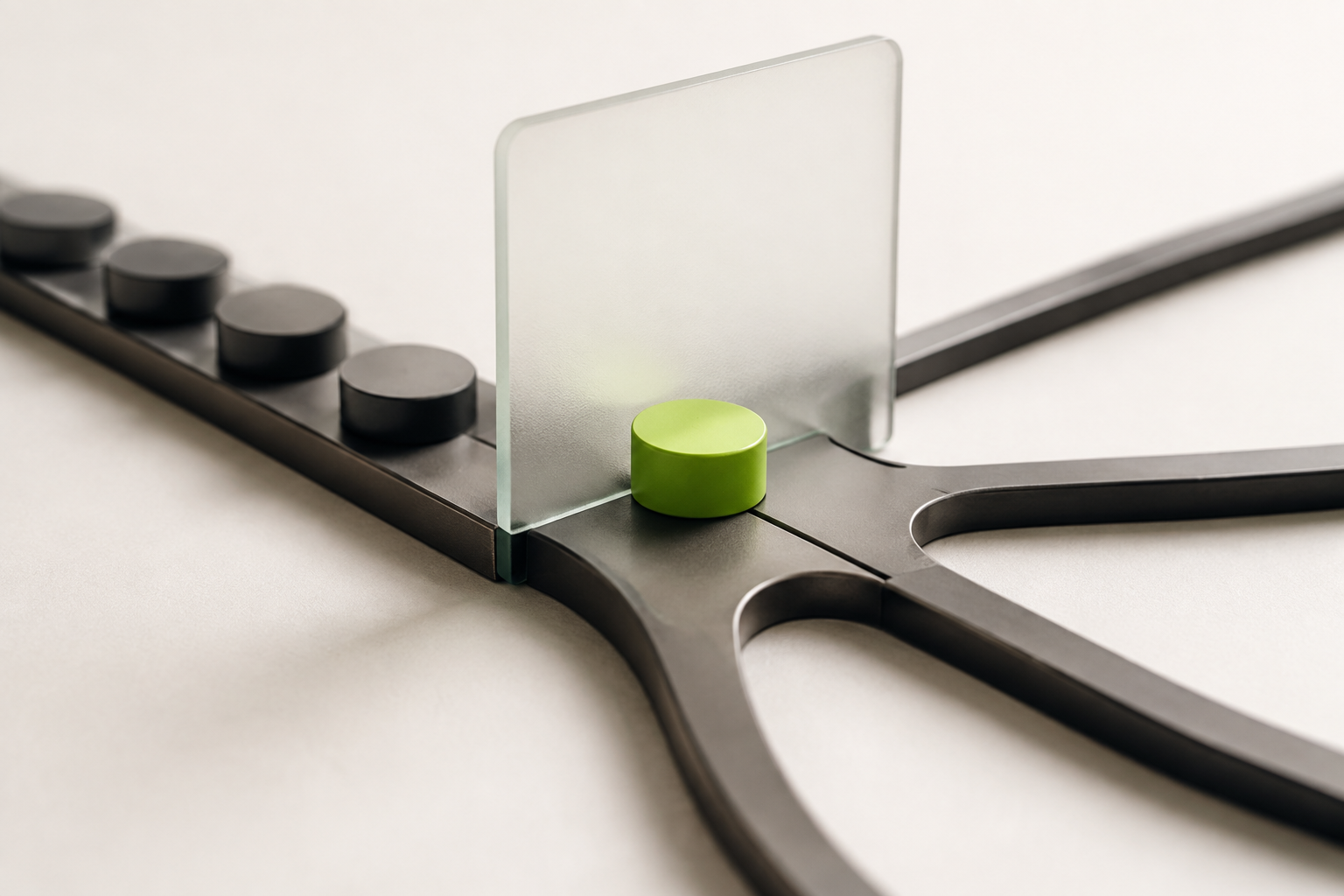 A lime request token pauses at a frosted decision gate on a branching graphite track.